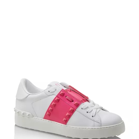 Valentino Garavani Rockstud White and Pink Women's Sneakers - Picture 1 of 15
